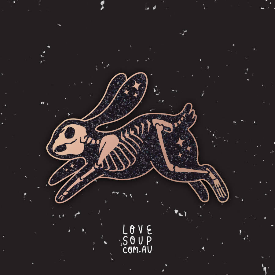 Black Skeleton Rabbit Enamel Pin (Glitter)